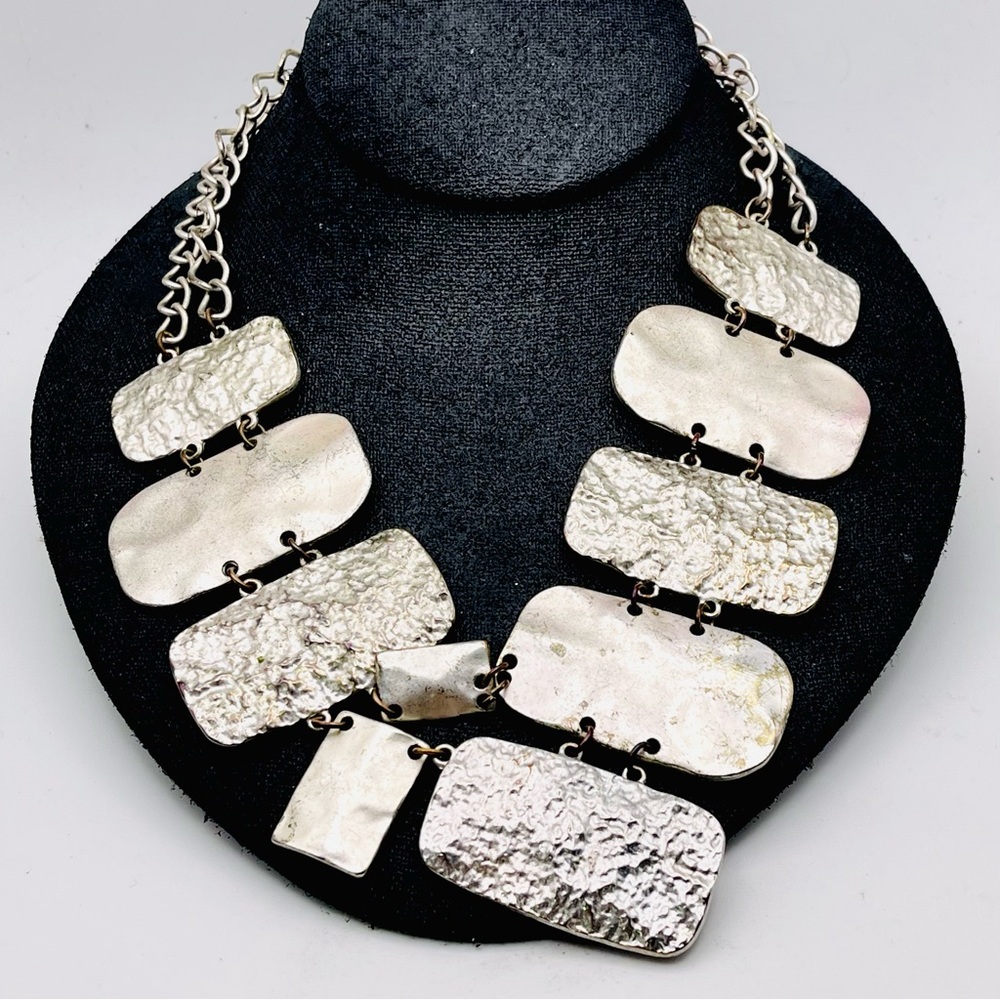 Huge Geometric Matte Silver Tone Statement Necklace Bold Contemporary
